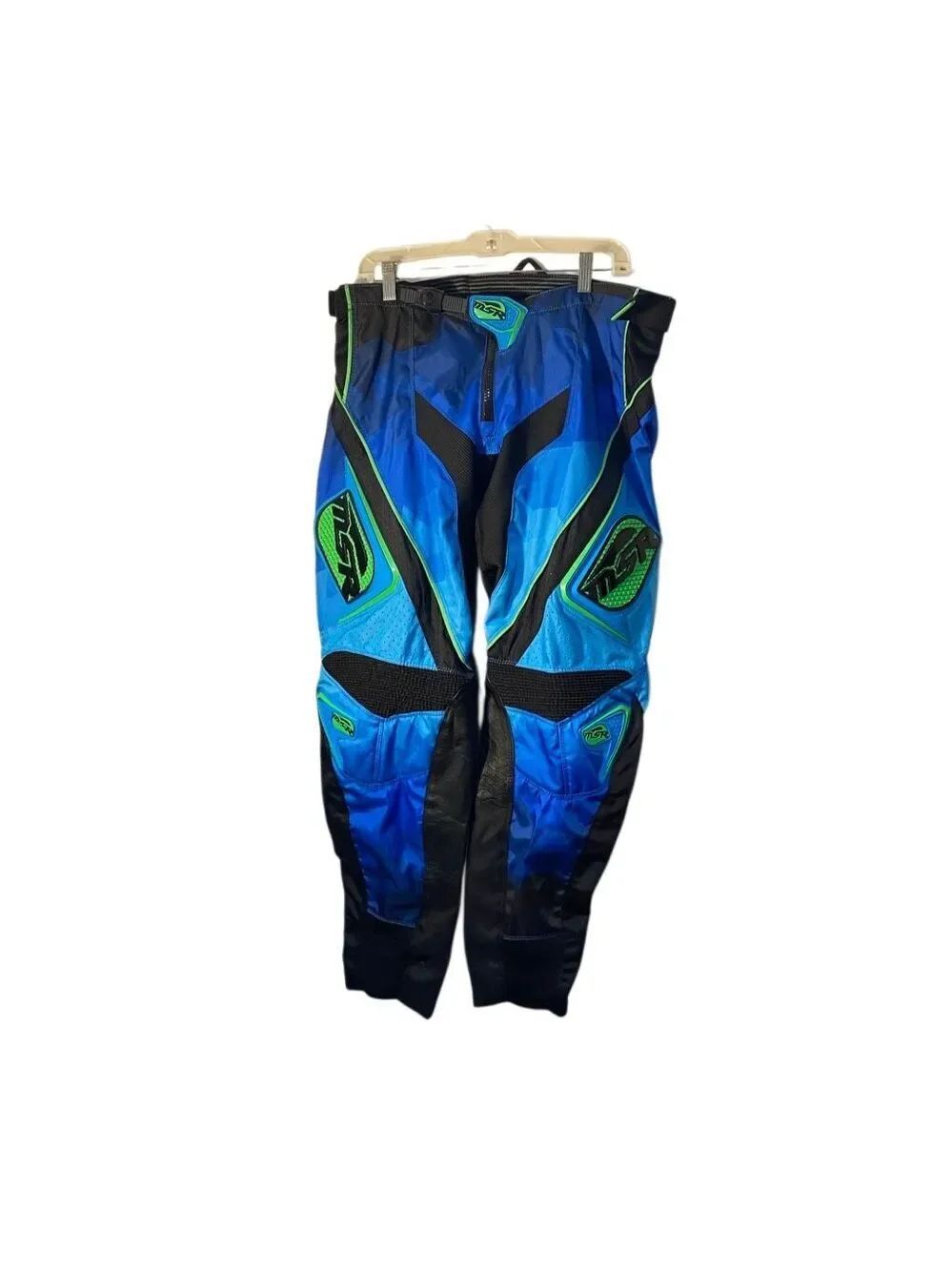 MSR NXT Reflect dirtbike, motocross pants, blue, green, and black 38